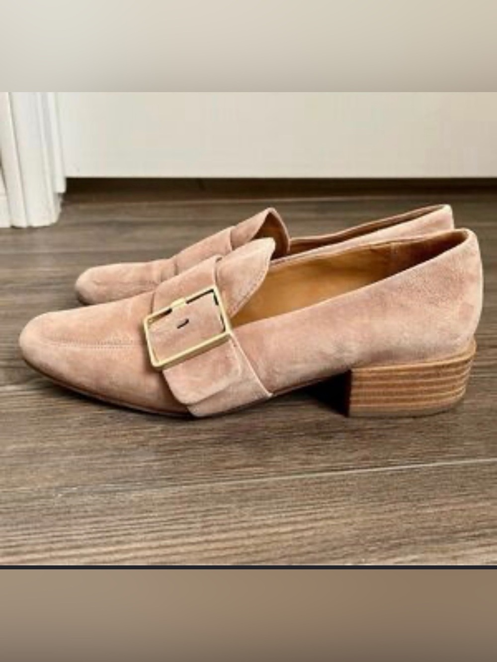 Women Via Spiga shoes heeled suede loafer 7.5 worn 1X gold buckle stacked wood